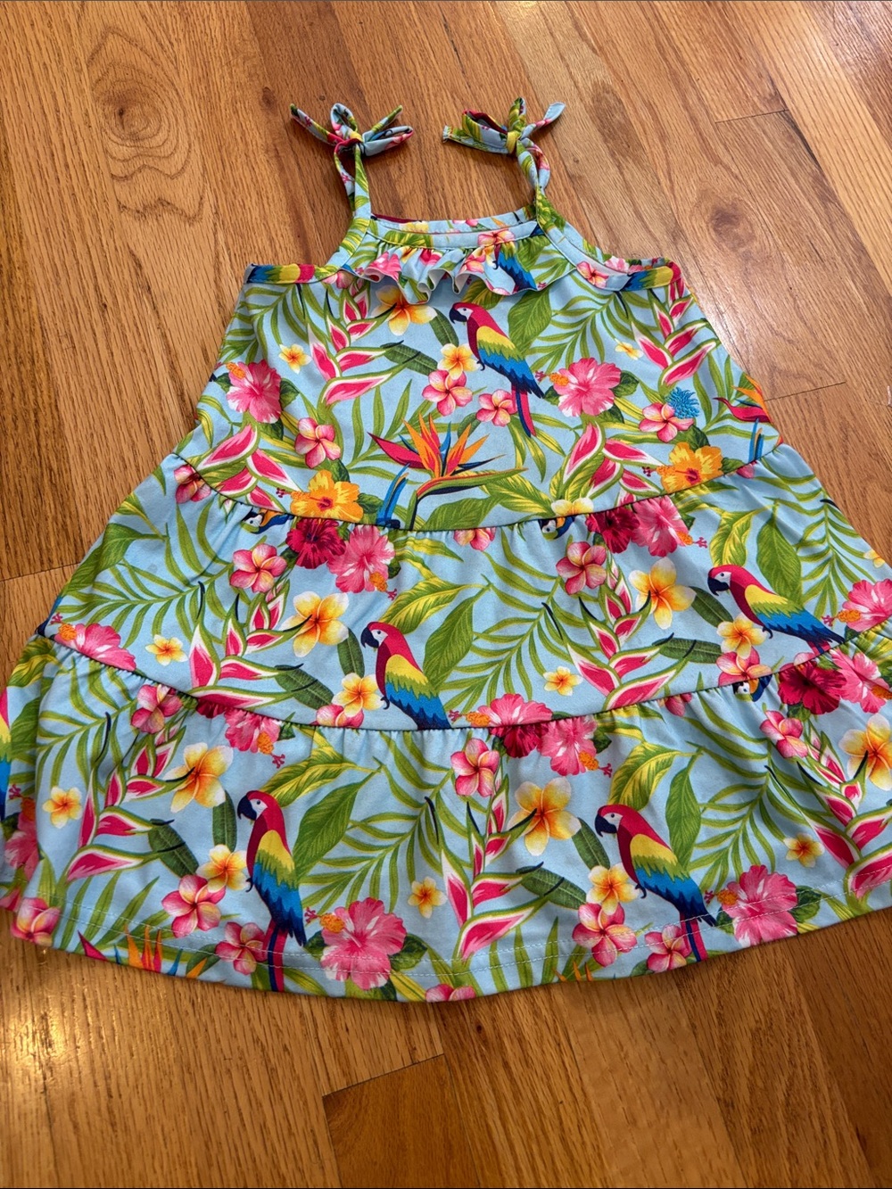Girls Tropical Parrot Tiered Sundress - Light Blue & Multicolor